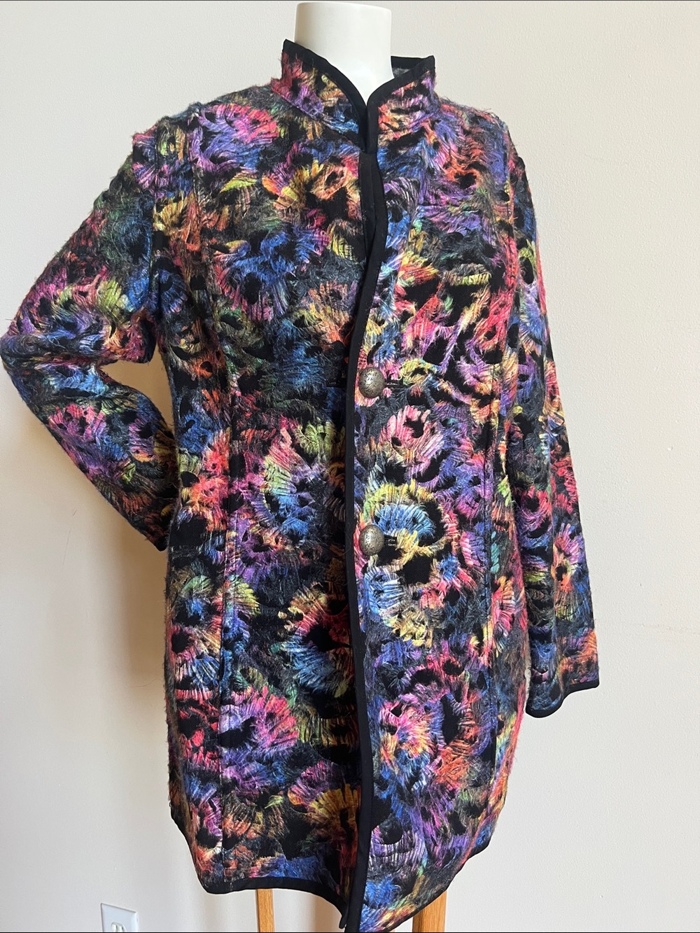 Reversible Multi-Color Floral Pattern Women’s Coat - Black Trim hand made